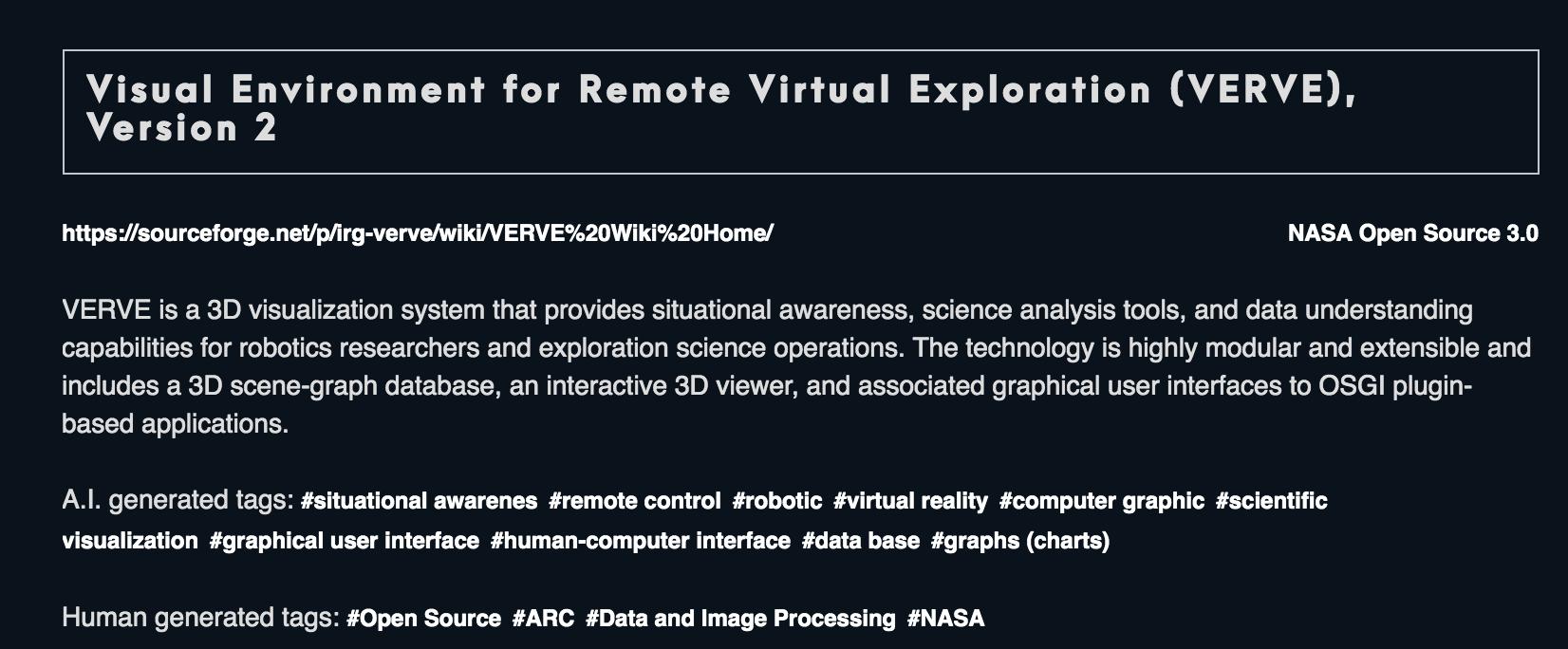 A search result on code.nasa.gov based on tags created by both humans and the AI tagger