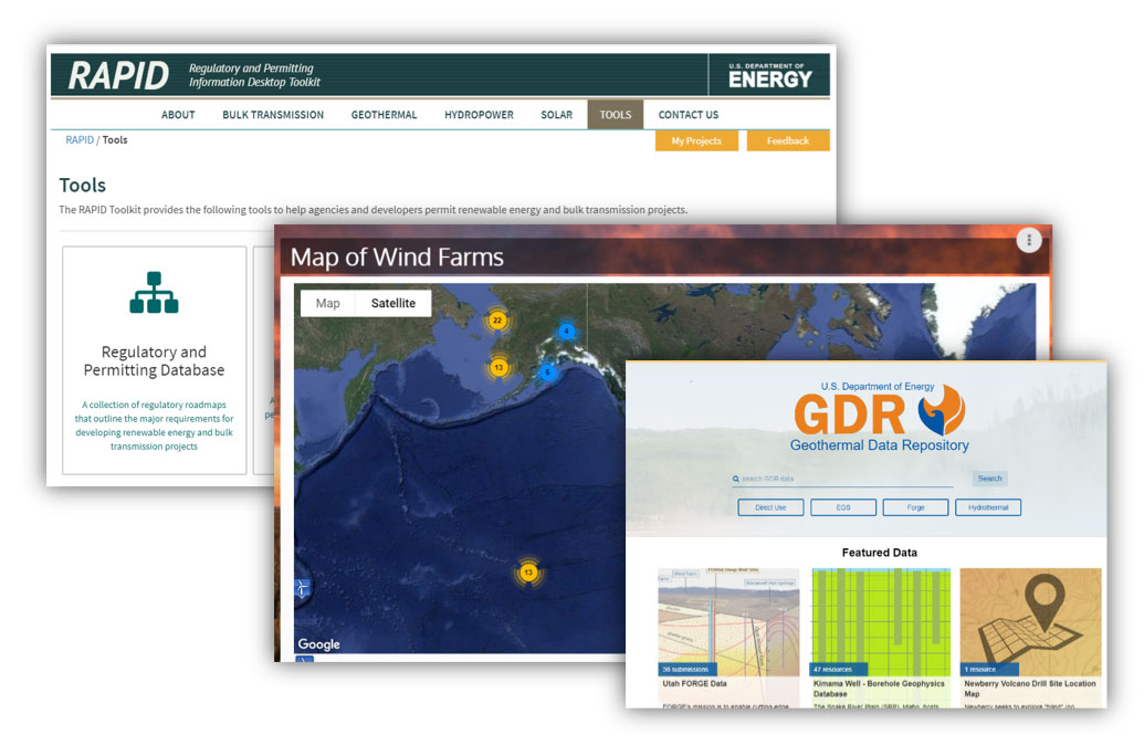 Screenshots of Geothermal Data Repository (GDR), Map of US Wind Farms, and Regulatory and Permitting Information Desktop Toolkit (RAPID)